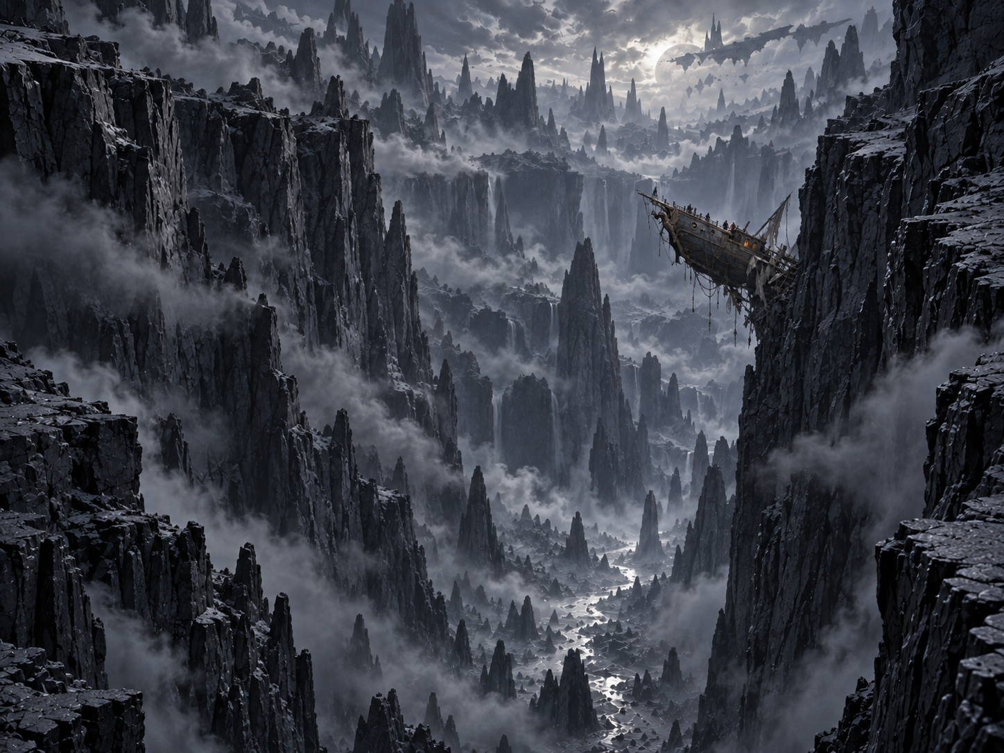 Wrecked Ship Above the Moonlit Abyss